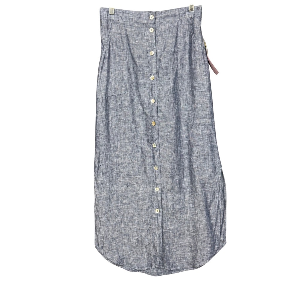 St Tropez West Linen Midi Skirt Womens Medium Blue Button Front Side Slits NWT